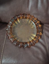 Vintage Amber Large Round Ashtray. Cut Glass. 9.5” Diameter