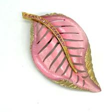 VintageEnamel Leaf Brooch Pink With Rhinestones