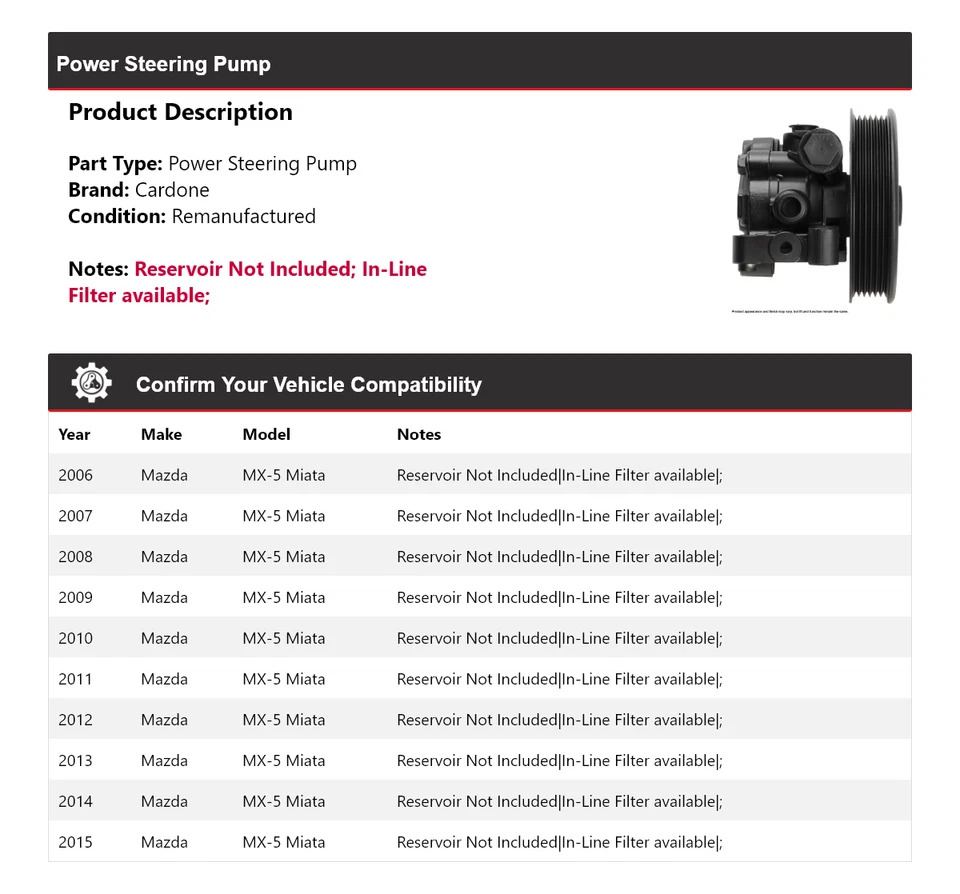 Bomba de direção hidráulica Cardone 2007 2008 2009 2010 para 2006-2015 Mazda MX-5 Miata - Imagem 2 de 4