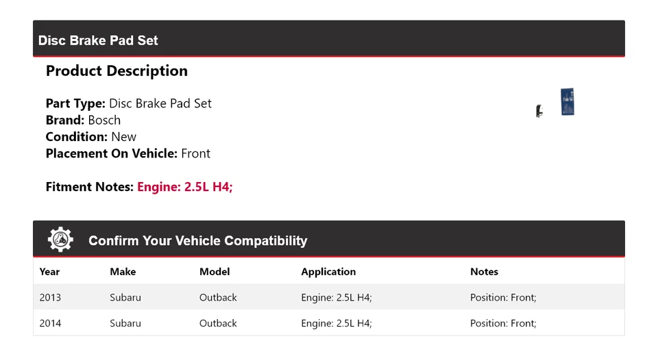 Pastillas de freno de cerámica azul Bosch 2,5 L con delantera HD para Subaru Outback 2013-2014 Foto 2 de 4