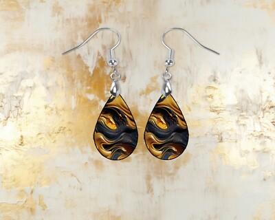 Molten Metal Wood Dangle Teardrop Print Earrings Jewelry
