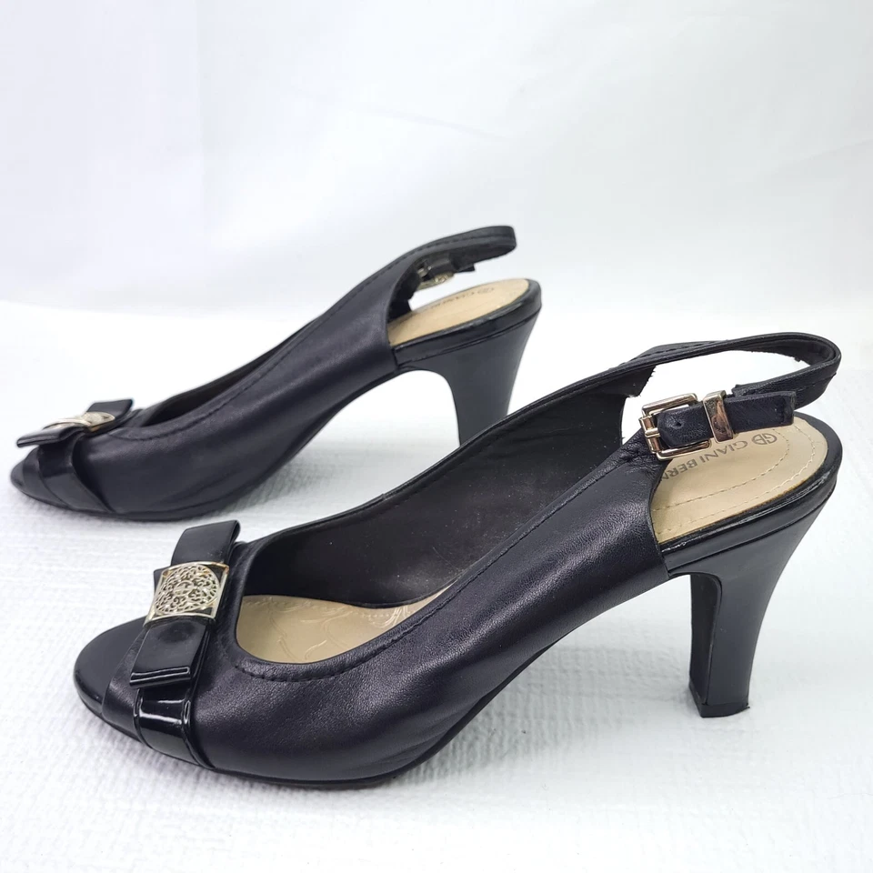 Giani Bernini Heels Black Faux Leather Peep Toe Slingback Shoes Womens Size 8.5 - Image 3 of 4