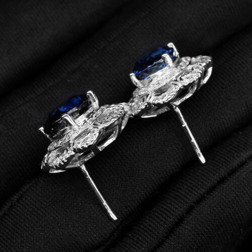 Floral Setting Royal Blue Sapphire 8.14Ct 925 Sterling Silver Handmade Earrings - Picture 4 of 5