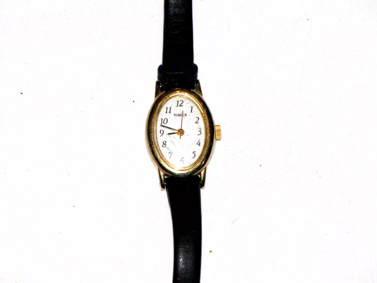 Timex Watch Womens Oval White Dial Face Black Strap Leather