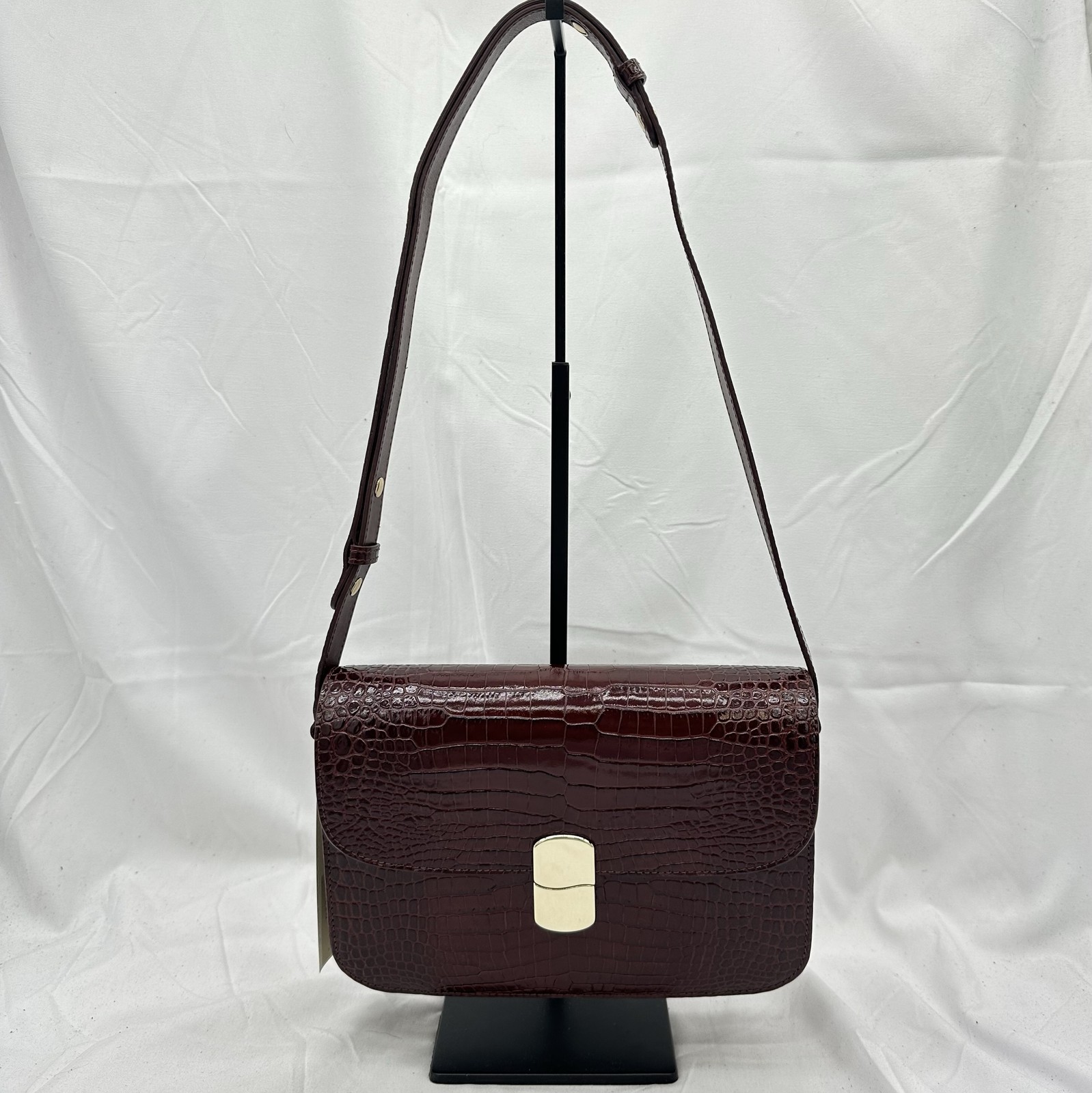 Sezane Womens Milo Classic Shoulder Bag Embossed Leather Chocolate