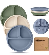 KeaBabies Silicone Suction Toddler Plates Divided 3-Pack Slate BPA-Free