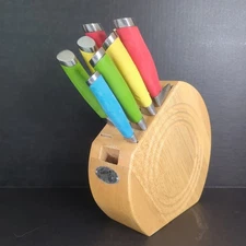 Vintage Fiesta Fiestaware 8 Piece Knife Set Storage Wood Block Disk Ring