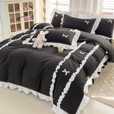 Ruffle Duvet Cover Full Size, Cute Bedding Set Set with Bow, 3 Pieces White R...