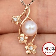 Estate Diamond 7mm Pearl 14K Rose Gold Floral Pendant 1.3 Grams NR