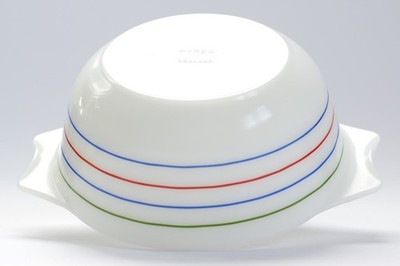 Pyrex Auflaufform Pfanne Milchglas Streifen grün rot blau vintage England