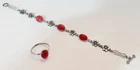 Vintage Dainty Sterling Silver Faux Coral Cabochon Floral Bracelet & Ring Set
