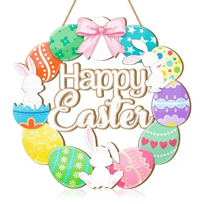 Easter Eggs Wreath Wood Sign Front Door Decor Colorful Happy Easter Welcome Sign