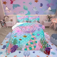 Mermaid Tail Comforter Set,Kids Fish Scales Duvet Stuffing Full,Girly Rainbow...