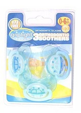Griptight - 3 Decorated Orthodontic Soothers Dummies Pacifiers - Blue - 0M 