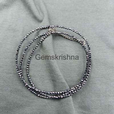 Hematite Faceted Beaded Necklace 2mm Sterling Silver Clasp Minimalist Jewelry Da