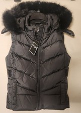 Guess Hailey Black Hooded Quilted Puffer Vest Jacket Faux-fur Trim Size Medium M