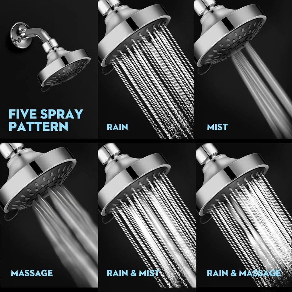 HOPOPRO High Pressure Shower Head 5 Settings Fixed Showerhead 4 Inch High F...