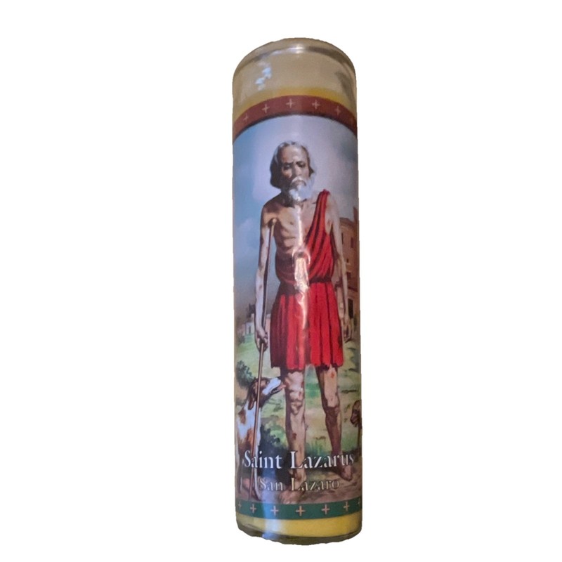 Saint Lazarus Religious Prayer Candle Yellow Glass