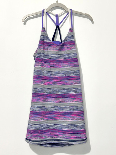 Ivivva Tank Top Girls 12 Pink Purple Gray Striped Shelf Bra Open Back Logo