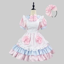 Sweet Pink Blue Maid Dress Cosplay Costume White Apron Bowknots Headband Set