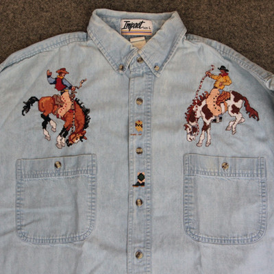 VTG Chambray Denim Shirt Mens L Blue Gaucho Hand Embroidered Western Hippie Folk