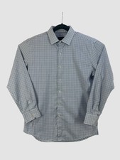 Bugatchi Mens 17 34-35 Check Dress Shirt Blue White Long Sleeve Button Up
