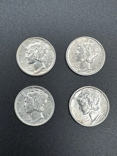 Mercury Dime 1941, 1943, 1944, 1944 90% Silver [Lot of 4] Uncirculated