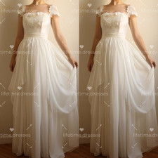 Vintage Chiffon Wedding Dresses White Ivory 1970s Short Sleeves Bridal Gowns