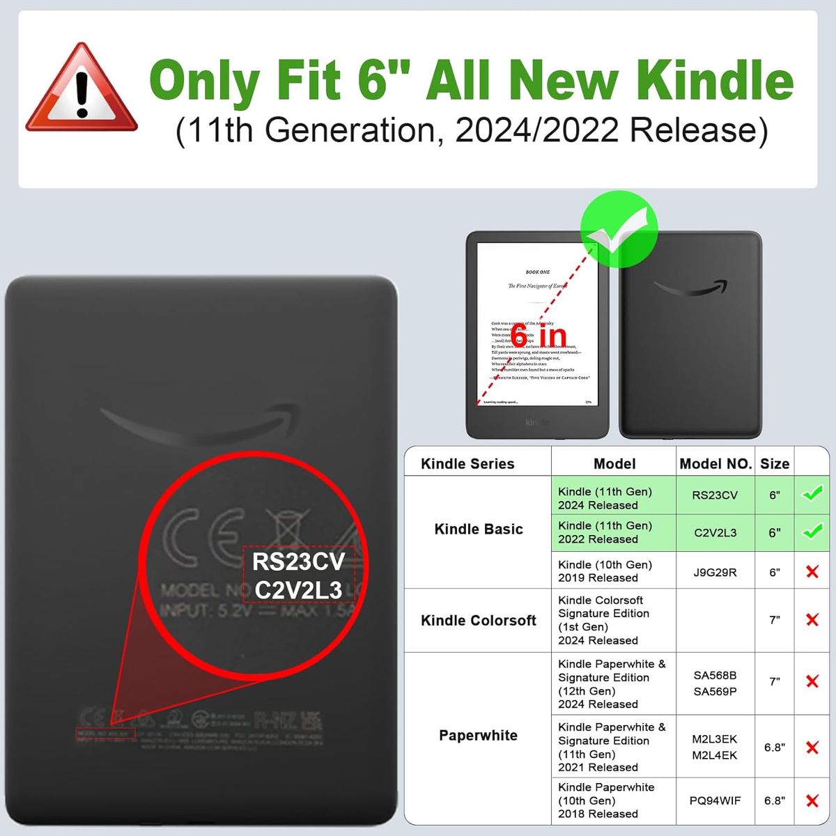 New Amazon Kindle 11th Gen 16GB E-Reader Wi-Fi 2024 Case - Matcha