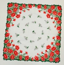 Vintage Ladies Hankie White Green Pink Floral Lily Of The Valley Scalloped Edge