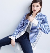 NEW J. Crew Blue Gingham Campbell Linen Blazer Preppy Check Coastal Size 00 249