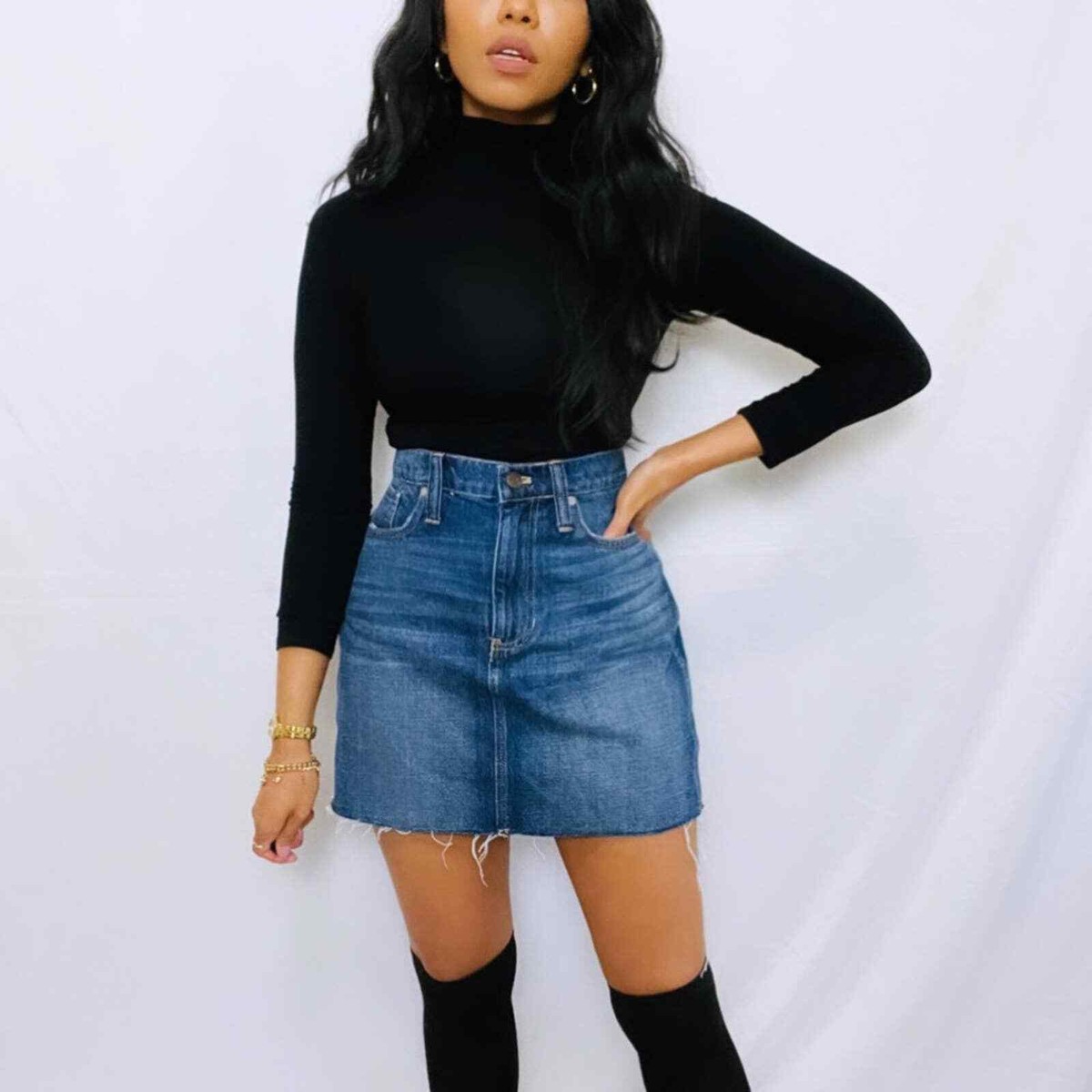 Madewell | Medium Wash High Waist Denim Mini Skirt with Raw Hem | eBay