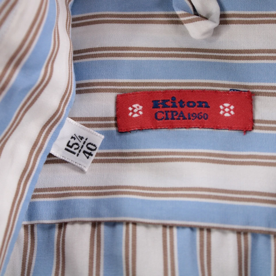 Camicia elegante Kiton nuova con etichetta taglia 15,75 40 blu a righe 100% cotone - Immagine 2 di 4