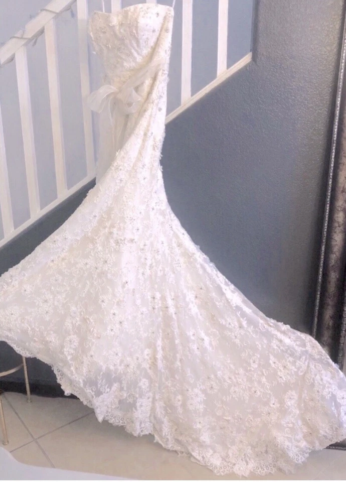 Vestido de encaje de boda diseño de alta costura Season Blanche talla 6 flores cosido a mano Foto 2 de 4