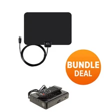 Digital Indoor Leaf Flat TV Antenna HDTV DTV + Converter Box Black UHF VHF FM HD