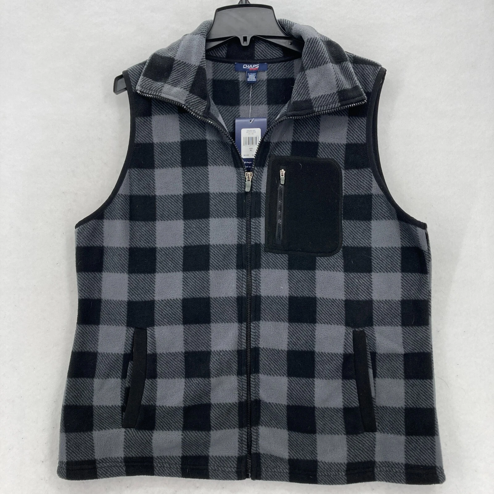 Chaps Sport Fleece Full Zip Vest Mens XL Gray Black Plaid Pockets Outdoors NWT