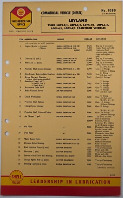 Petroliana; Original Leyland Tiger Lops 1,2,3 4 Shell Lubrication Chart No 1080