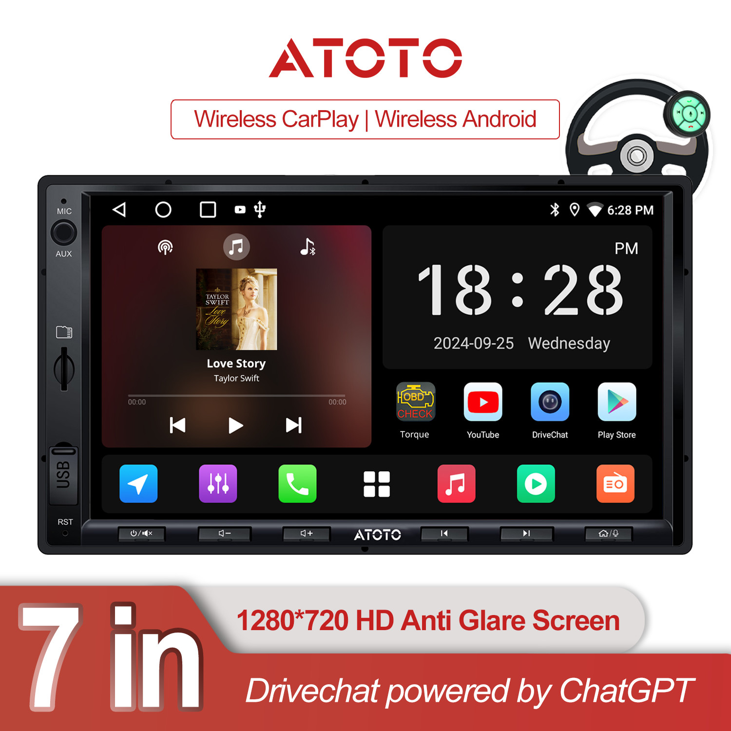 Bluetooth Radio Wifi Carplay Android Head Unit W/ Swc