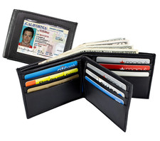 RFID Blocking Black Genuine Leather Men's Bifold Wallet ID Badge Holder