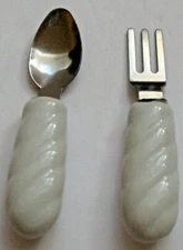 Miniature Fork Spoon Set White Ceramic Handle 2.5" Long