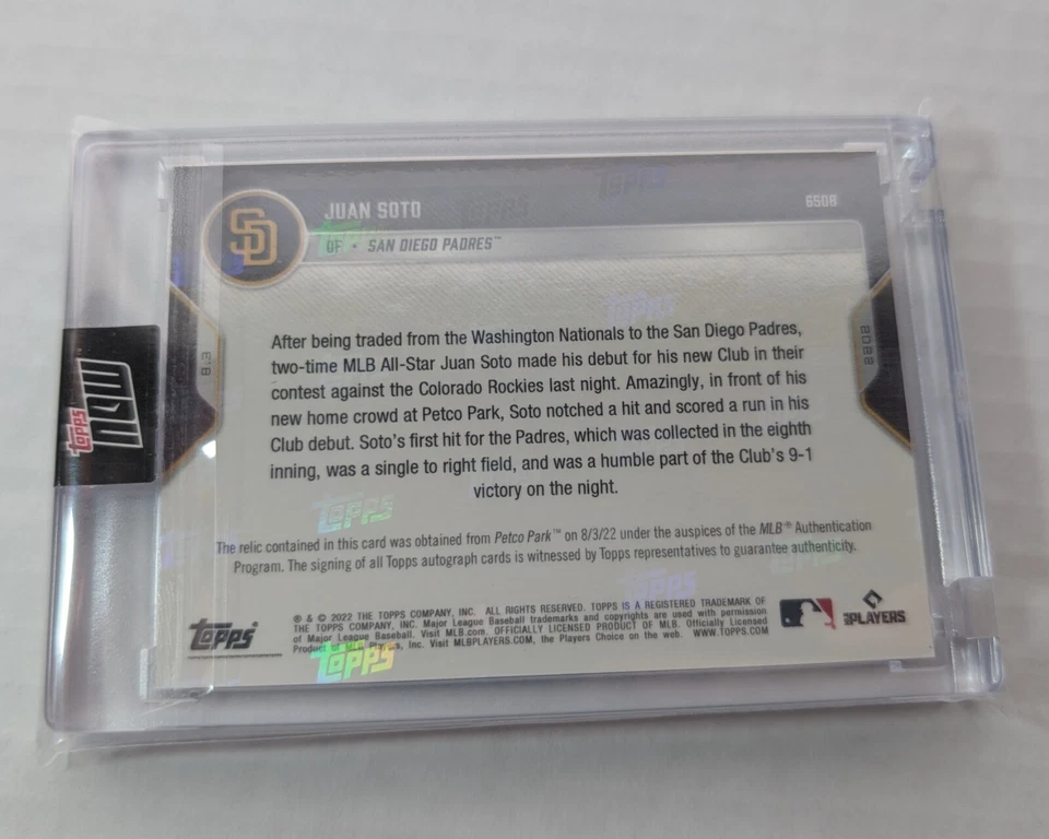 Juan Soto Topps Now Auto Relic Card 2022 #650B 39/49 Padres Debut (New York Mets - Image 2 of 2