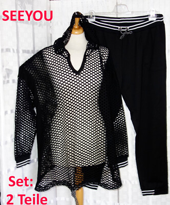 SEEYOU Designer ANZUG Netz Sweatshirt + HOSE schwarz weiß 48 + 52 - 54  TWINSET