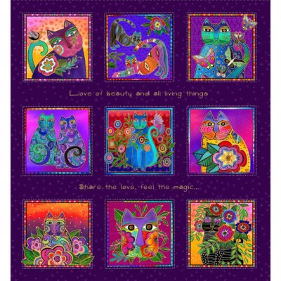 Laurel Burch Fantasticats Picture Blocks Dark Purple Gold Metallic Fabric
