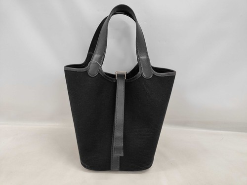 HERMES Picotin PM Tote Bag Black Toile Canvas Leather □H Stamp Authentic Japan
