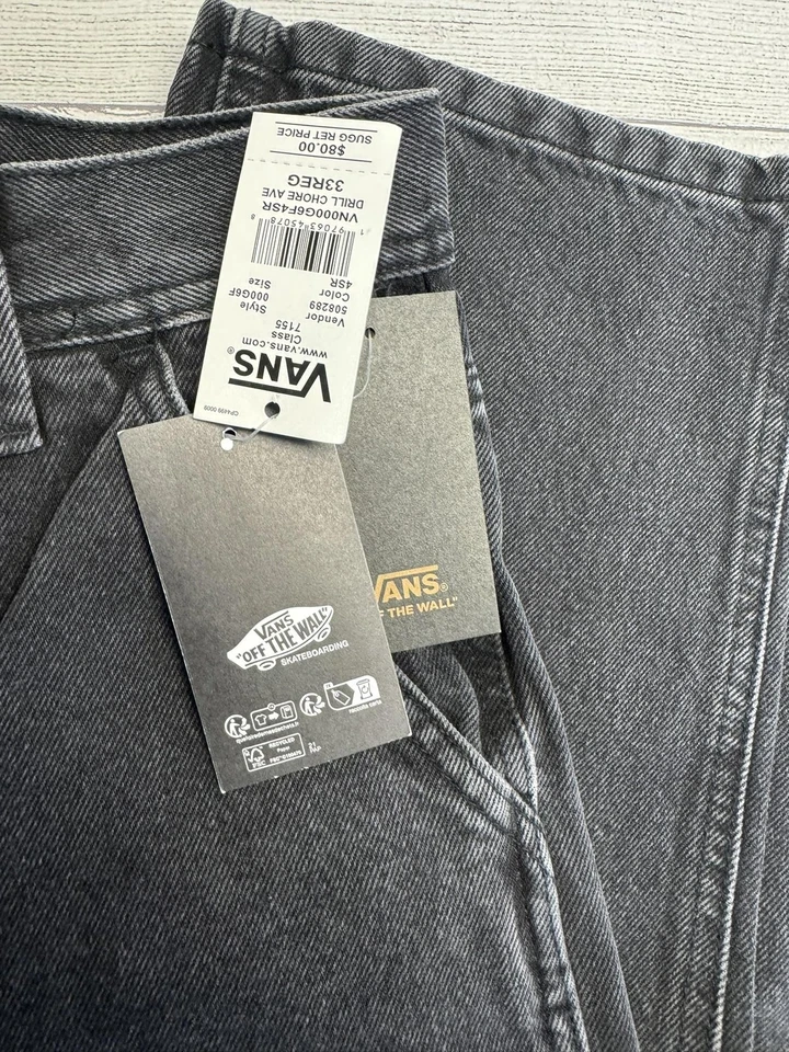 Pantalones de mezclilla Vans Drill Chore AVE para hombre 33 negros grises calce relajado skateboarding Foto 3 de 4