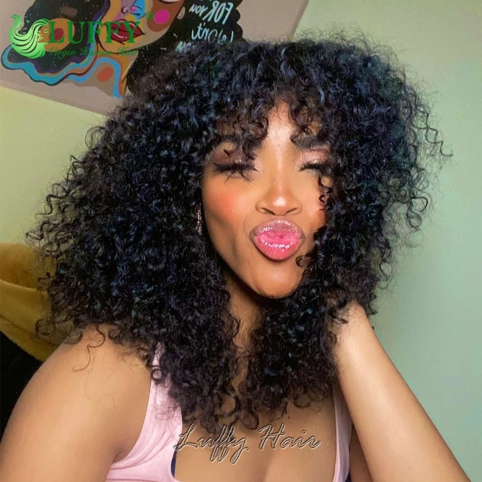 Pelucas de cabello Jerry cuero cabelludo rizado hechas a máquina con flequillo peluca de cabello rizado para mujer Foto 3 de 4