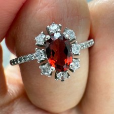 925 Sterling Silver Ring 6x4mm Natural Rhodolite Garnet Gemstone Zircon Red Gift