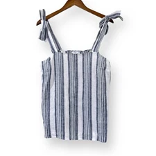 NWT Crown & Ivy Women's L Blue White Striped Linen Tie Shoulder Tank Top Blouse