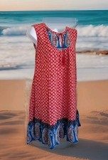 Beach Lunch Lounge Dress M Red Blue Paisley Print Popover Sleeveless Beachy Boho