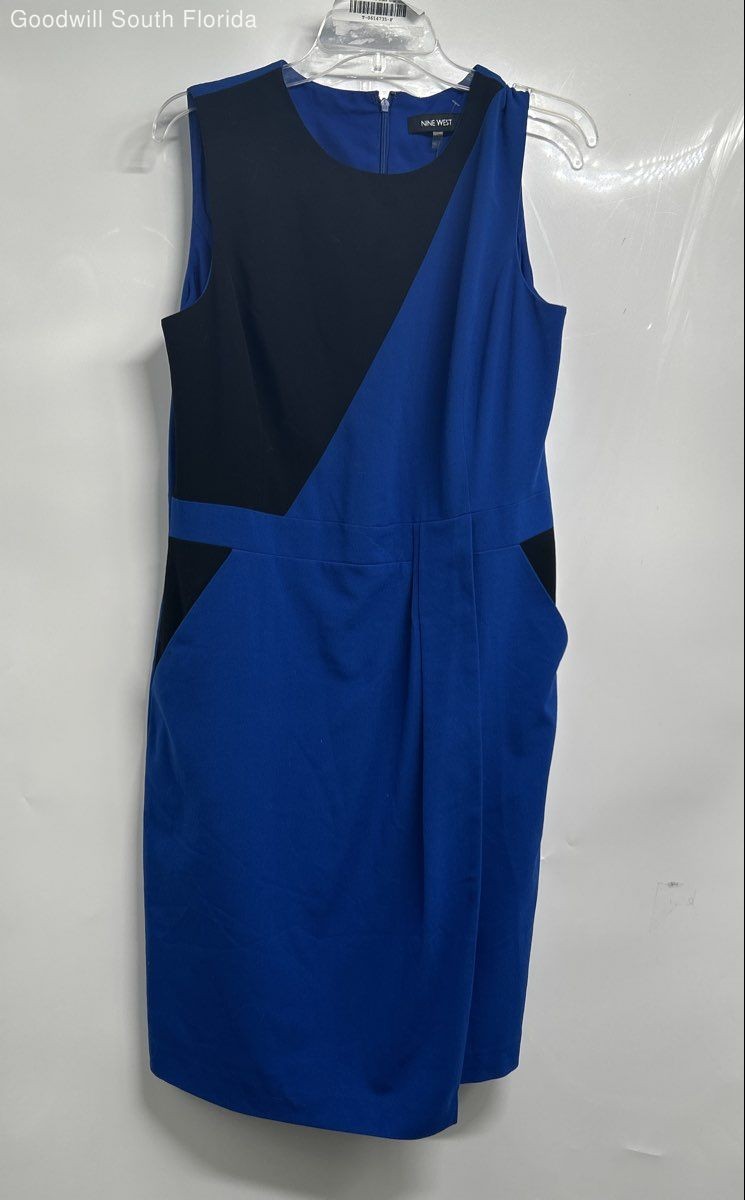 Nine West Womens Black Blue Colorblock Asymmetrical Hem Sheath Dress Size 12